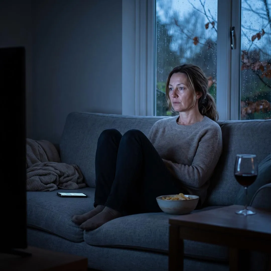 Frau sitzt abends allein auf dem Sofa vor dem Fernseher, draußen Regen und kahle Äste